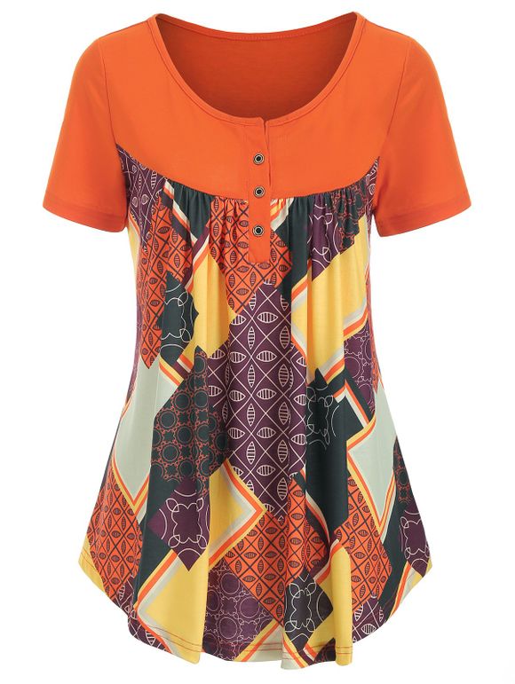 T-shirt Boutonné Géométrique Imprimé - Orange XL