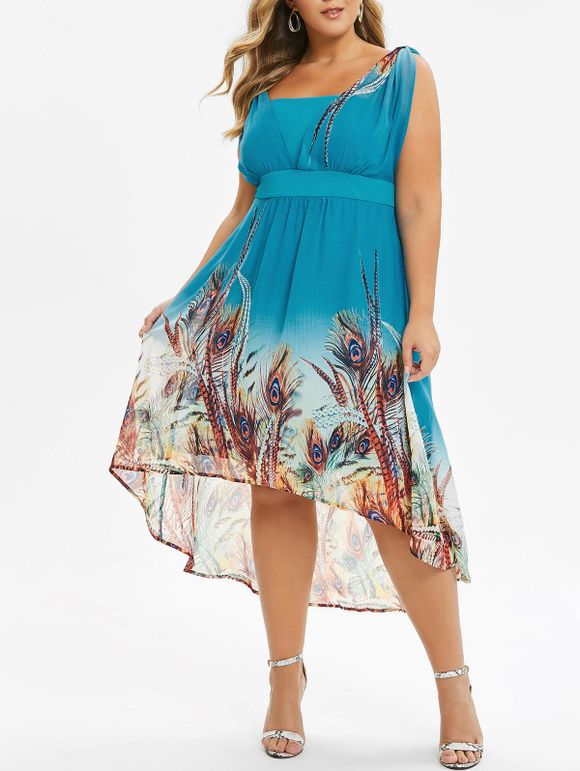 Maxi Robe Haute Basse Imprimée de Grande Taille - Bleu Vert Ara L