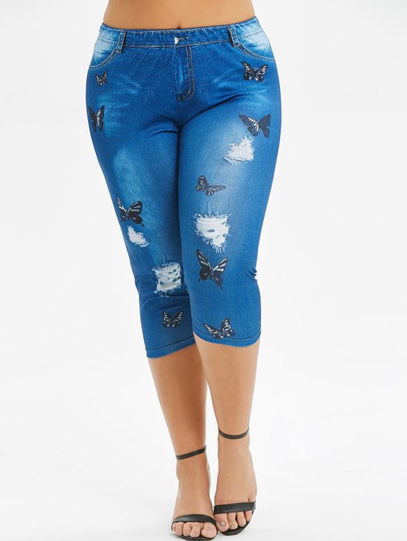 Legging Capri 3D Papillon Déchiré Imprimé de Grande Taille - Bleu Foncé Toile de Jean 4X