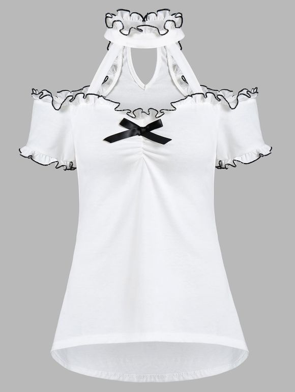 T-shirt Découpé à Epaule Ouverte à Volants - Blanc 2XL