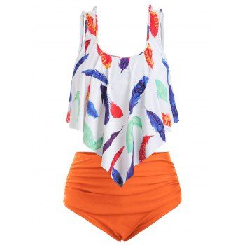 

Plus Size Feather Print Overlay Tankini Swimsuit, Multicolor c