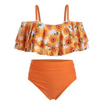 

Plus Size Sunflower Print High Rise Tankini Swimsuit, Multicolor a