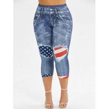 

American Flag 3D Printed Skinny Capri Plus Size Jeggings, Blue