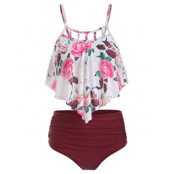 

Floral Print Cut Out Ruched Tankini Set, Red wine