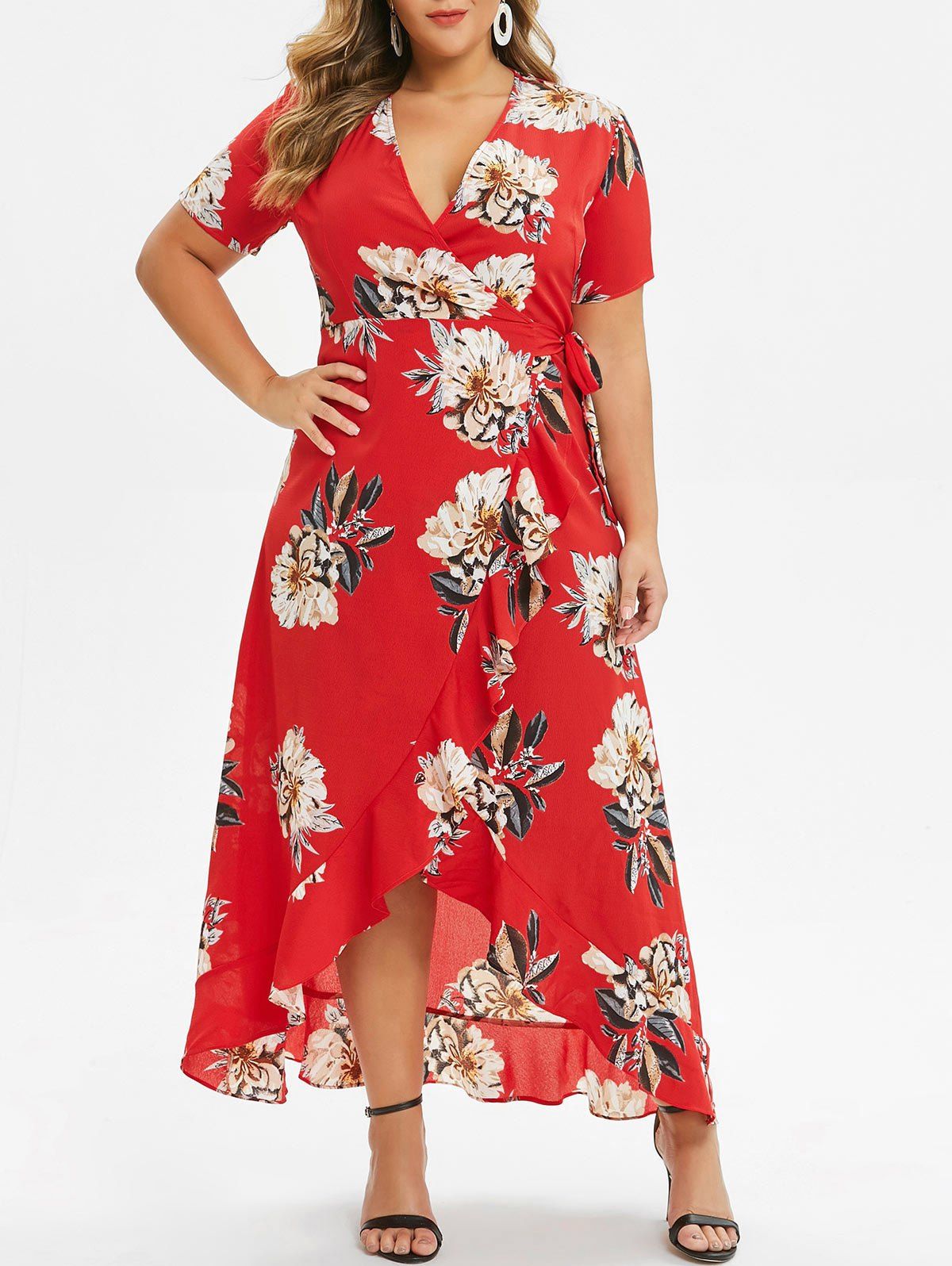 [36% OFF] 2021 Floral Flounces Wrap Maxi Plus Size Dress In RED | DressLily