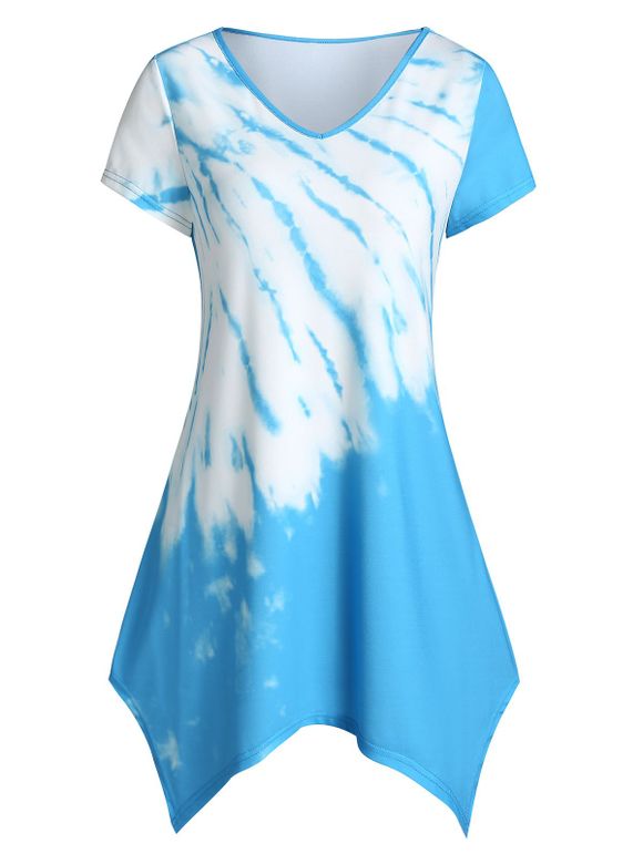 T-Shirt Asymétrique Teinté à Col V - Ciel Bleu Foncé 2XL