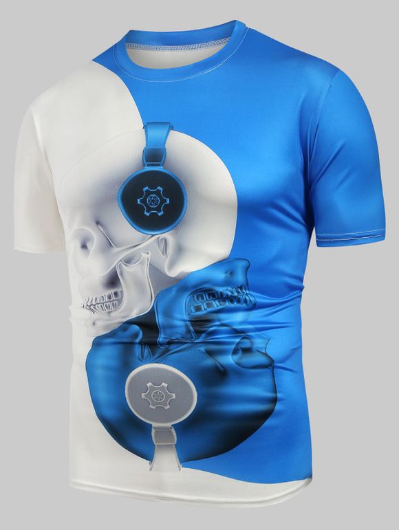 T-shirt Décontracté Bicolore Crâne Imprimée - Bleu clair 3XL