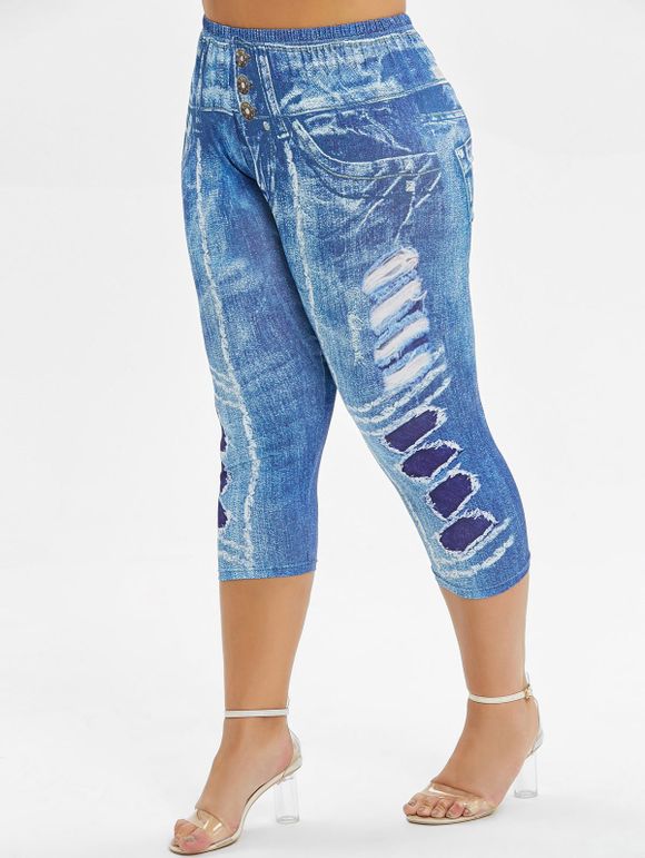 Pantalon Capri Moulant 3D Imprimé de Grande Taille - Bleu 1X