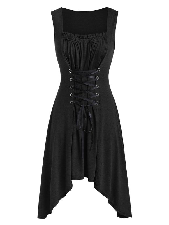 Robe Mi-Longue Asymétrique de Grande Taille à Lacets - Noir 5X