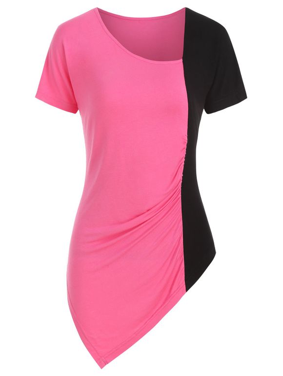 T-shirt Asymétrique Plissé Bicolore à Col Oblique - Rouge Rose 2XL
