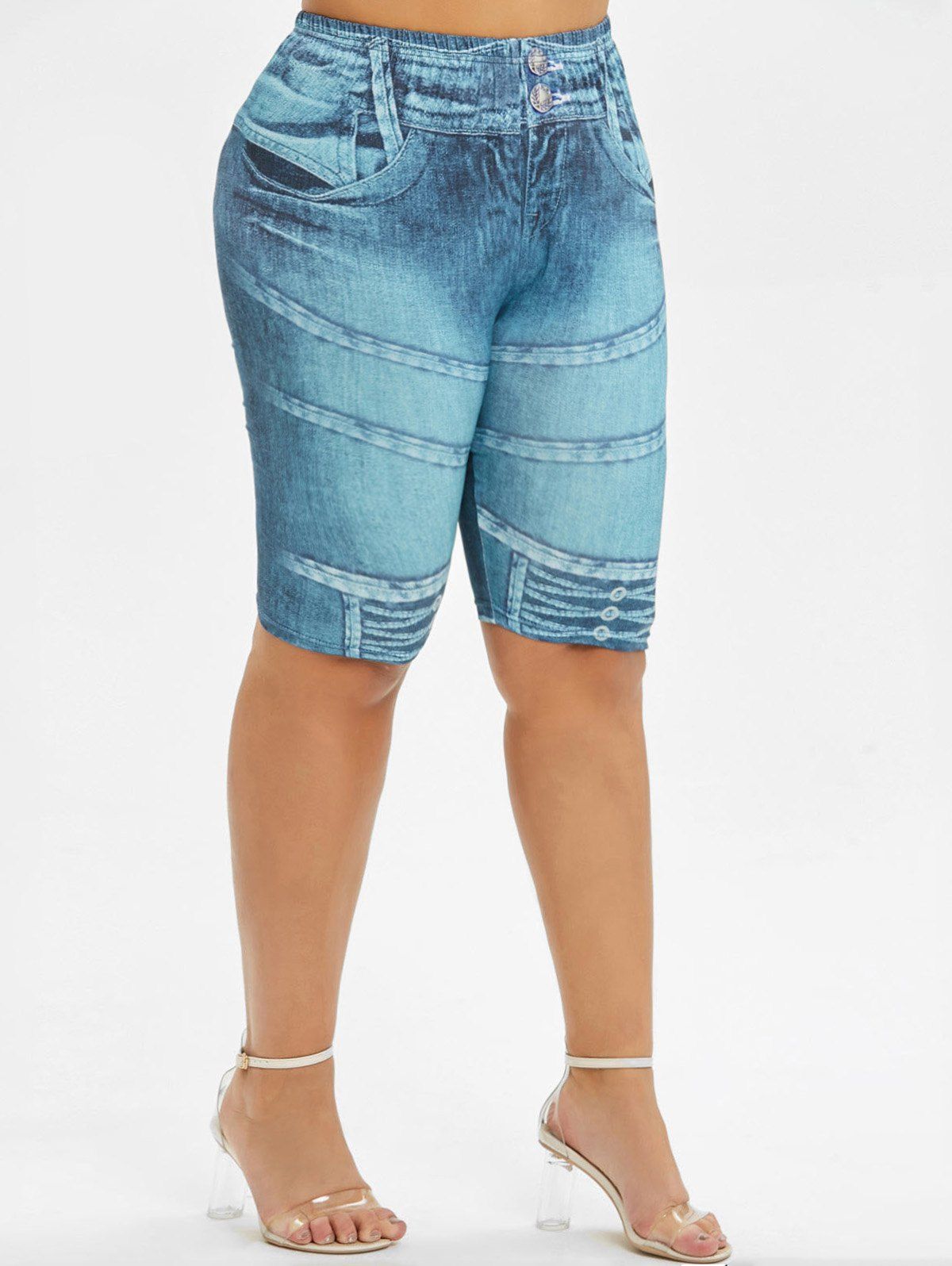 

3D Print Skinny Knee Length Plus Size Shorts, Greenish blue