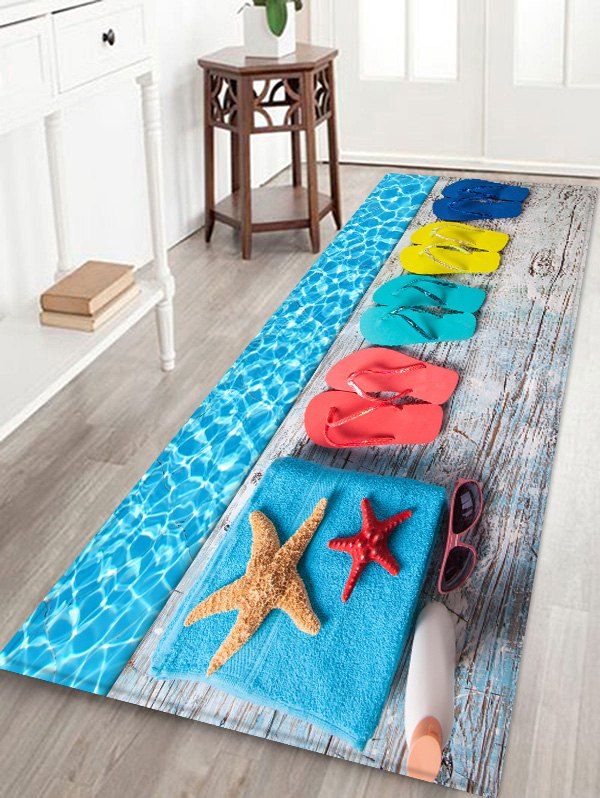 

Seaside Wooden Board Slippers Pattern Water Absorption Area Rug, Ocean blue