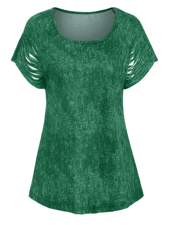 T-shirt Déchiré Découpé Imprimé à Manches Raglan - Vert 2XL