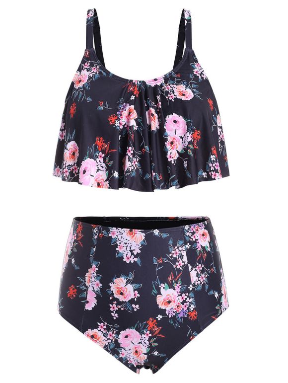 Plus Size Ruffled Floral Print High Rise Tankini Swimsuit - BLACK 1X