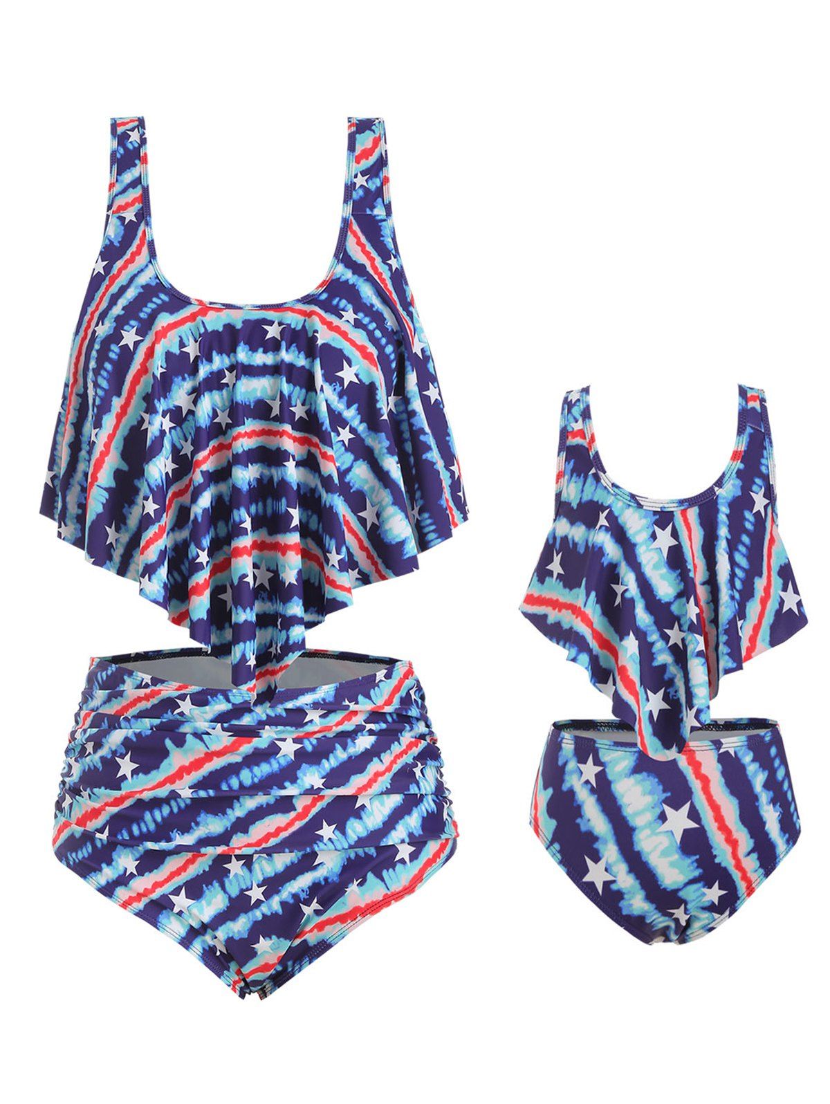 

American Flag Overlay Ruffles Family Plus Size Tankini Swimsuit, Blue