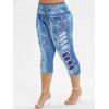 Pantalon Capri Moulant 3D Imprimé de Grande Taille - Bleu 3X
