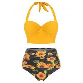 Tummy Control Bikini Swimsuit Sunflower Print Swimwear Ruched Halter Underwire Push Up Summer Beach Bathing Suit