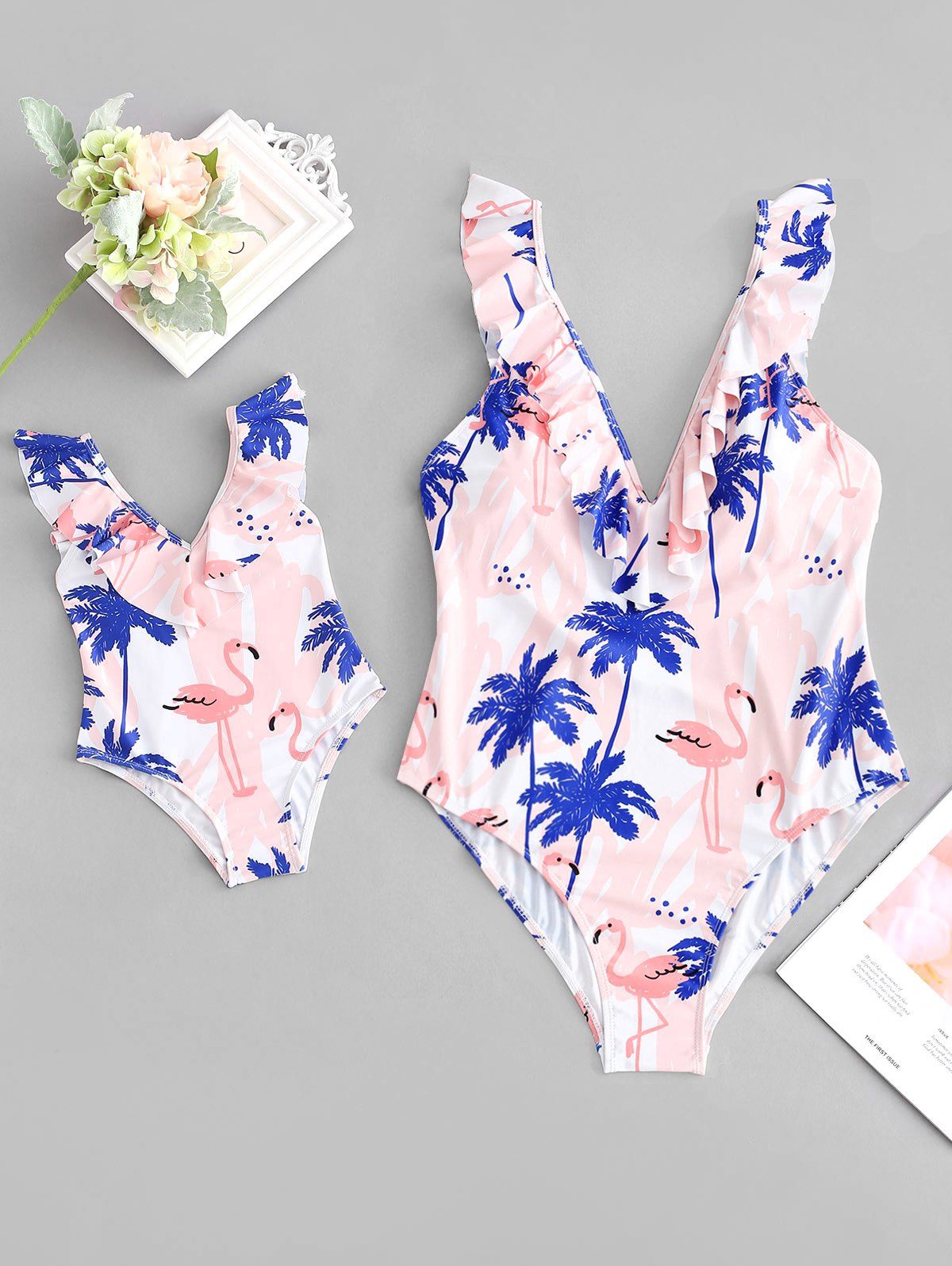 

Flamingo Palm Tree Flounces Family Plus Size Swimsuit, White