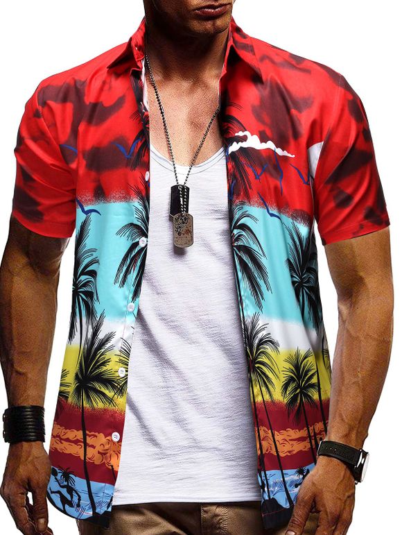 Chemise Boutonnée Motif de Palmier Hawaiien - Rouge M
