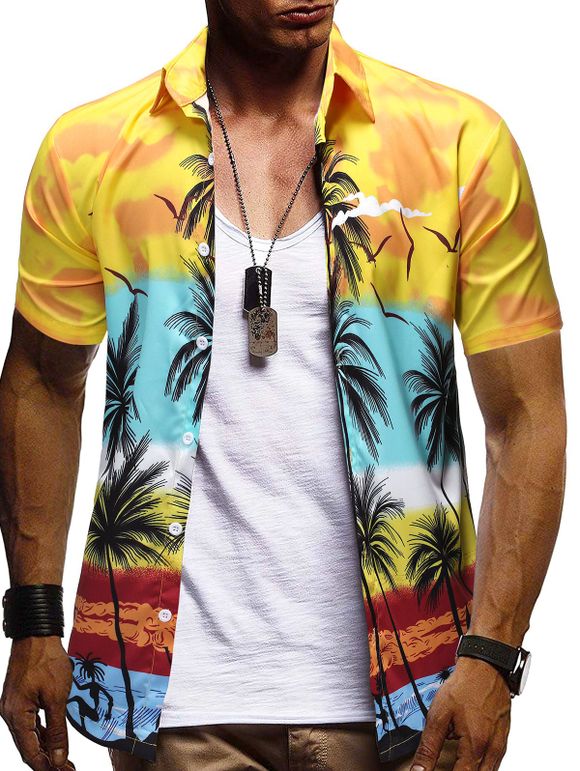 Chemise Boutonnée Motif de Palmier Hawaiien - Jaune L