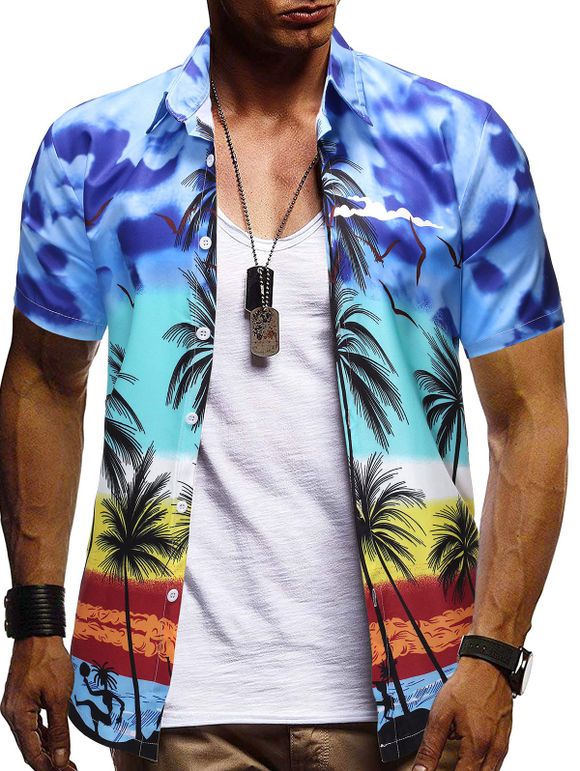 Chemise Boutonnée Motif de Palmier Hawaiien - Bleu XL