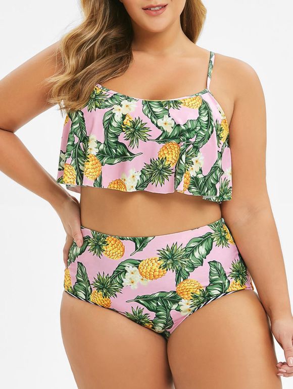 Maillot de Bain Bikini Réversible Feuille Ananas de Grande Taille à Volants - Rose Flamant 5X