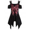 T-shirt Asymétrique Papillon Imprimé à Epaule Dénudée - Noir L