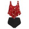 Celestial Sun Stars Moon Tummy Control Two Piece Swimwear Flounce Runched Tankini Swimsuit - RUBY RED XL