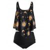 Ensemble de Tankini Lune et Soleil Imprimés de Grande Taille à Volants - Noir 5X