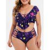 Ensemble de Tankini Planète Etole et Lune Imprimés de Grande Taille à Volants - Iris Pourpre 1X