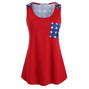 

Plus Size Pocket American Flag Print Tank Top, Red