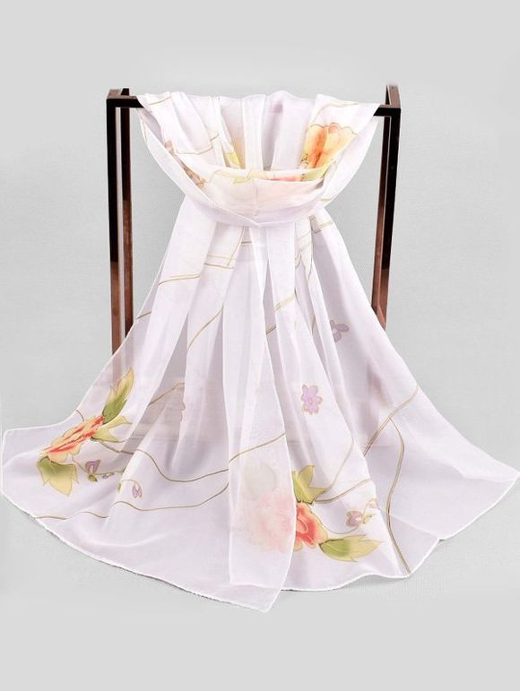 Longue écharpe en mousseline de soie avec rayures florales - Blanc 