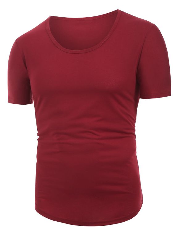 T-shirt Décontracté en Couleur Unie à Manches Courtes - Rouge Vineux 3XL