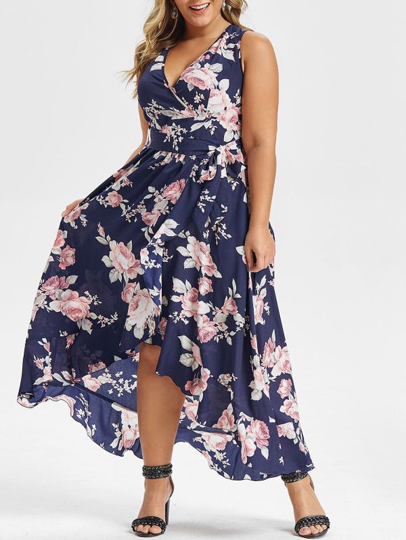 Plus Size Floral Print Sleeveless High Low Maxi Dress - CADETBLUE 5X