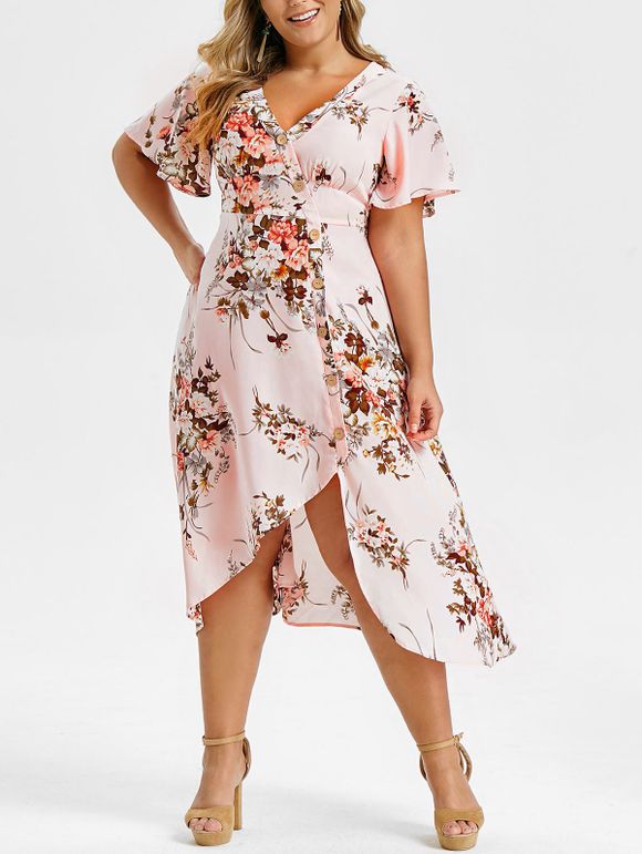 Plus Size Floral Print Buttons High Low Dress - PIG PINK 2X
