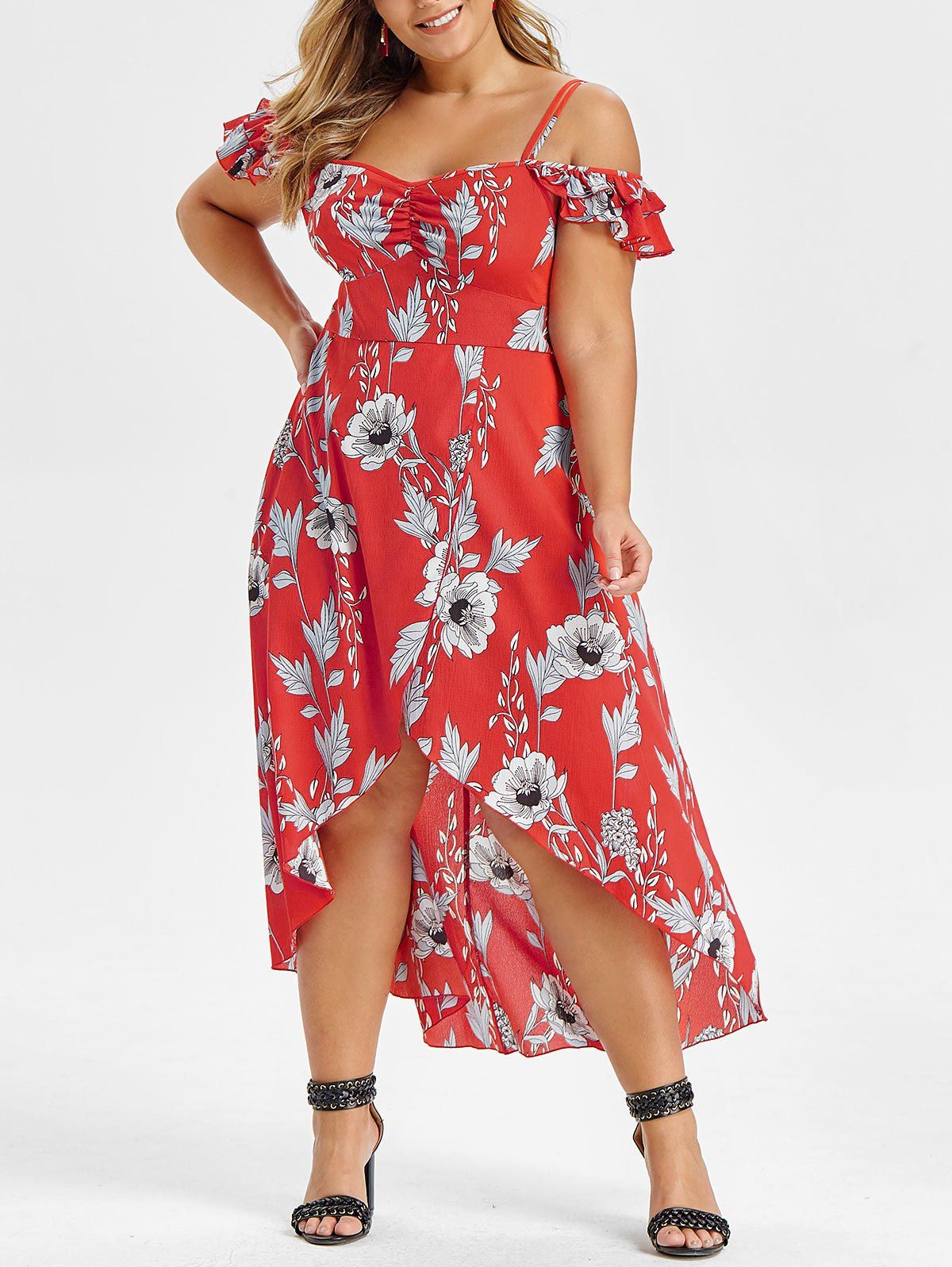 Plus Size Floral Overlay High Low Maxi Dress - RED L