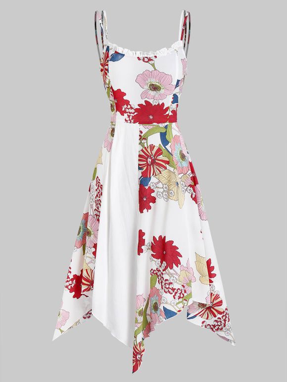 Robe Asymétrique à Bretelle Longueur à Genou Fleur Imprimée - Blanc 2XL