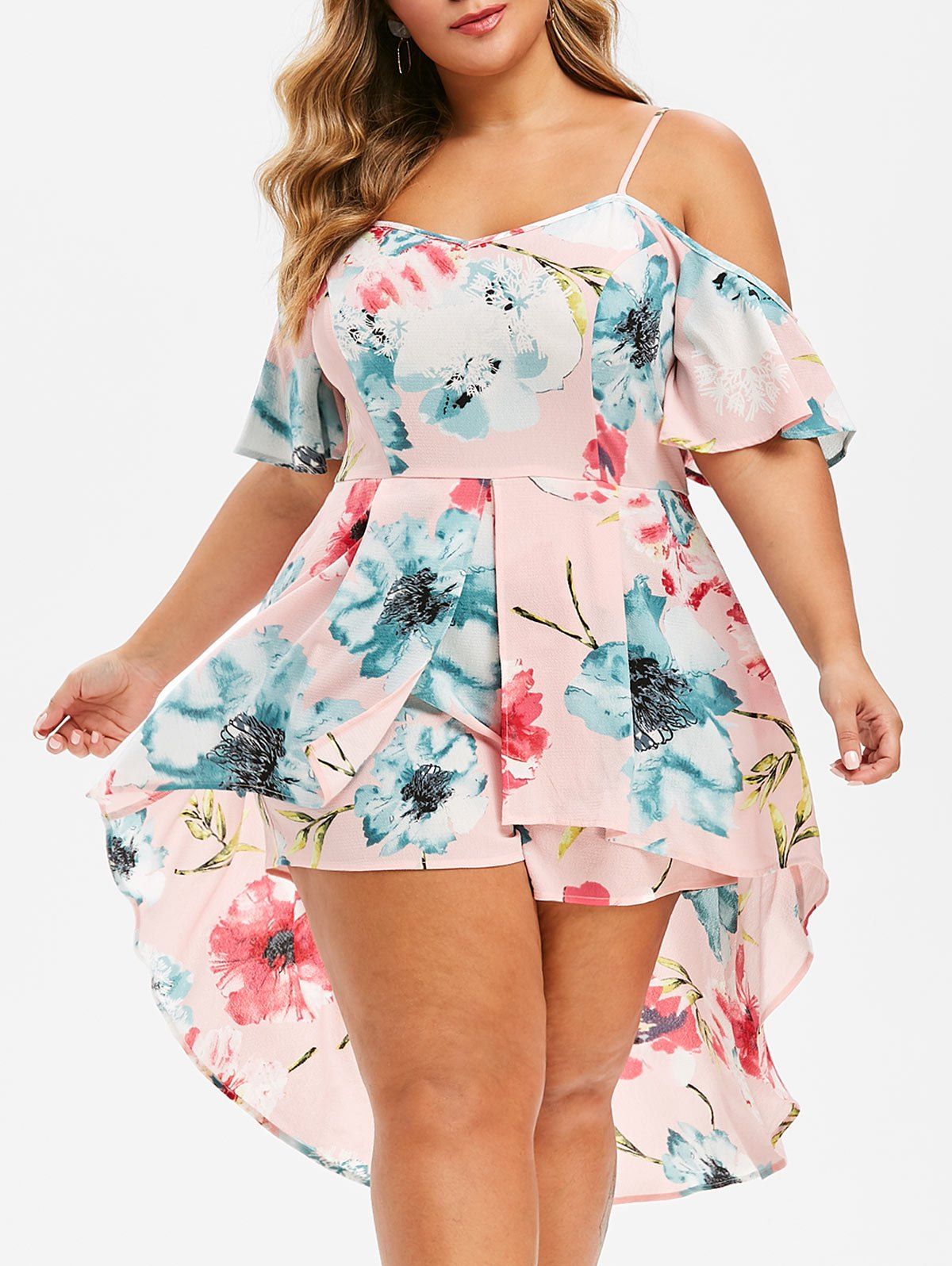 Plus Size Floral Print Overlay Cami Romper - PINK 1X