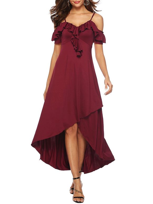 Ruffle Cold Shoulder High Low Dress - RED WINE XL