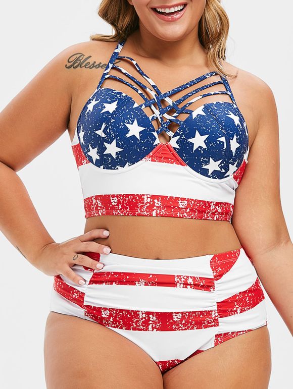 American Flag Lattice Ruched Plus Size Bikini Swimsuit - multicolor 1X