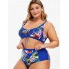 Plus Size Leaf Print Lace-up High Waisted Bikini Swimsuit - BLUE 4X