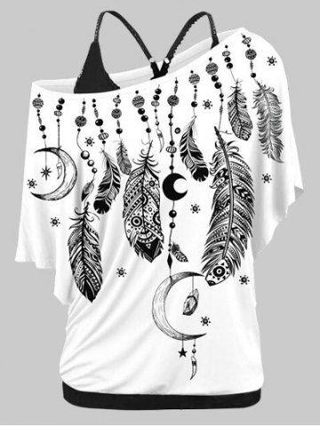 Plus Size Skew Neck Feather Print T-shirt and Cami  Top Twinset