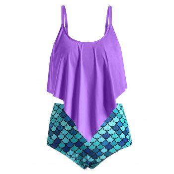 

Plus Size Ruffle Fish Scale Print Tankini Swimsuit, Purple amethyst