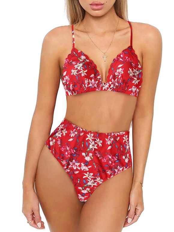 Maillot de bain bikini festonné à taille haute et à fleurs - Rouge XL
