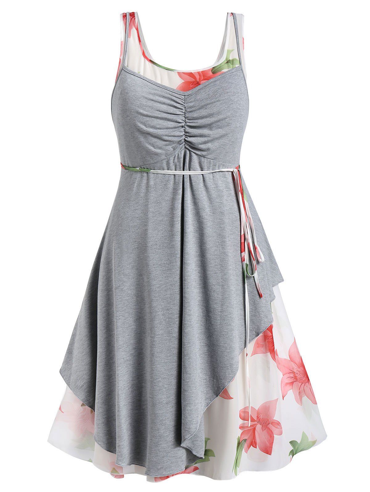 

Plus Size Floral Chiffon Dress and Asymmetrical Ripped Top Set, Light gray