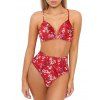 Maillot de bain bikini festonné à taille haute et à fleurs - Rouge XL