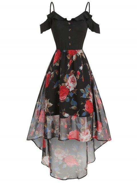 Floral Print Flounce High Low Maxi Dress