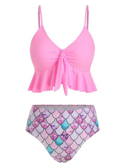 Beach Tankini Swimsuit Mermaid Scale Print Swimwear Flounce Knot High Waist Tummy Control Bathing Suit