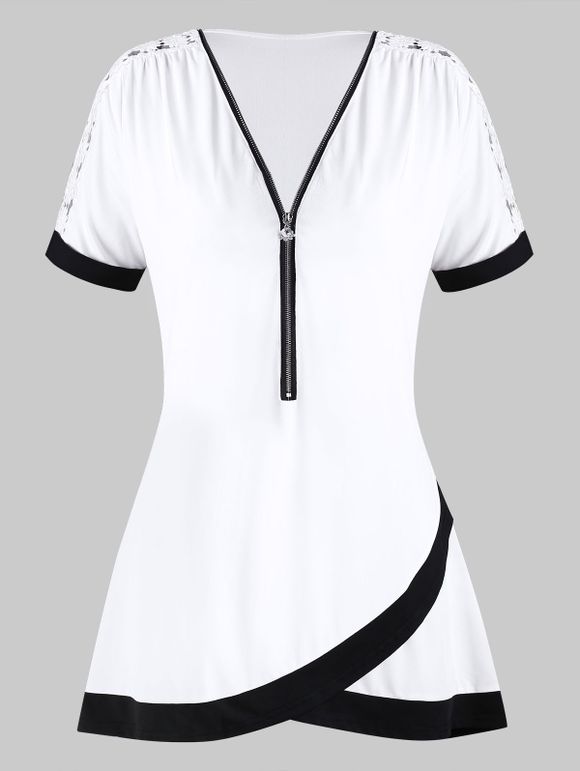 T-shirt Tunique Zippé Bicolore de Grande Taille - Blanc 2X