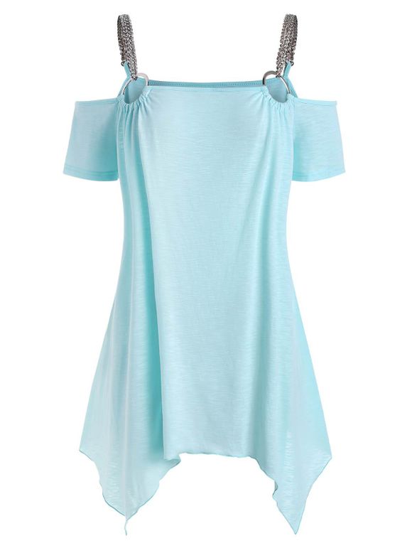 T-shirt Asymétrique Epaule Ouverte à Bretelle à Chaîne de Grande Taille - Turquoise Moyenne 4X
